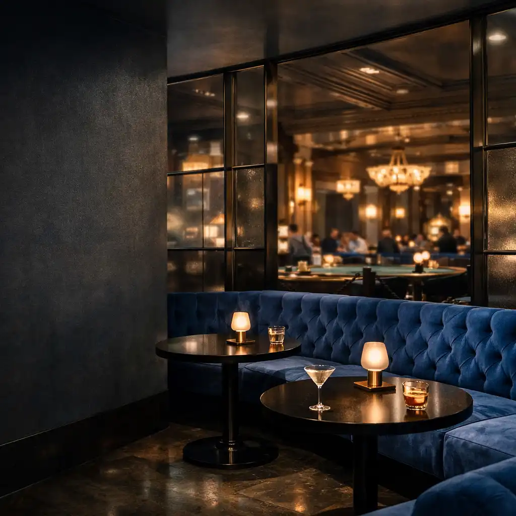 Sapphire velvet ülőhelyekkel és smoked glass részletekkel kialakított Casino Lounge