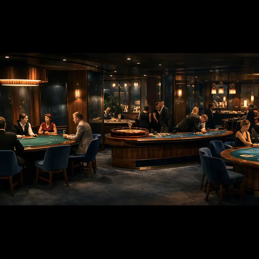 Sapphire és graphite tónusú, valódi Casino Floor belső tér poker-, rulett- és blackjack-asztalokkal