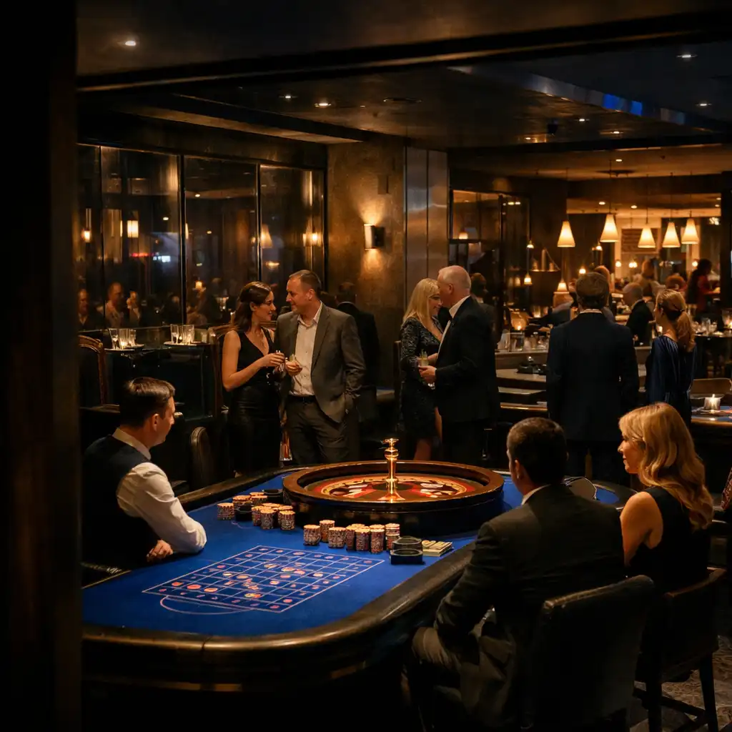 Sapphire árnyalatú rulettasztal és vendégek egy budapesti fizikai casino floor esti terében.