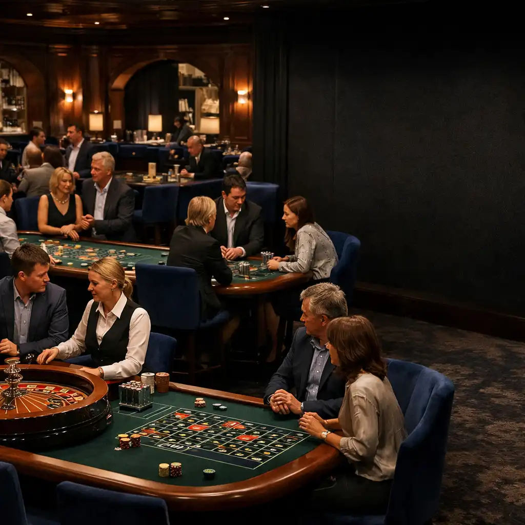 Elegánsan öltözött felnőtt vendégek és valódi rulettasztalok a BudapestFlavorss Casino Floorán.