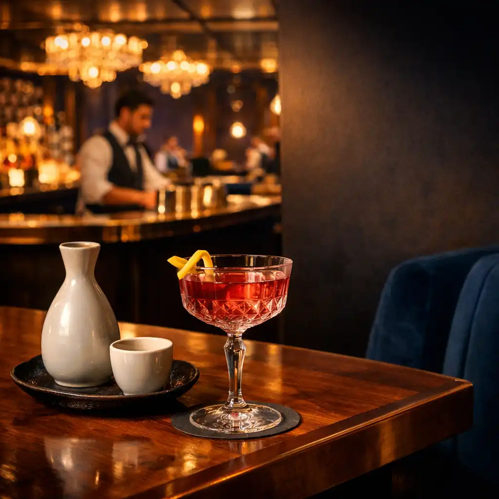 Koktél a walnut bárpulton, háttérben sapphire lounge ülőhelyekkel