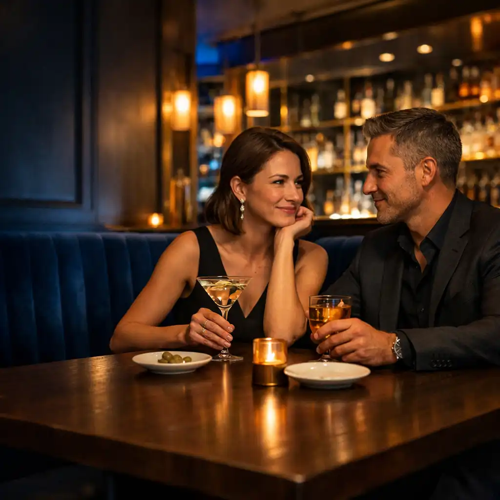 Cocktailok és beszélgetés a BudapestFlavorss casino lounge sötétkék bárterében.