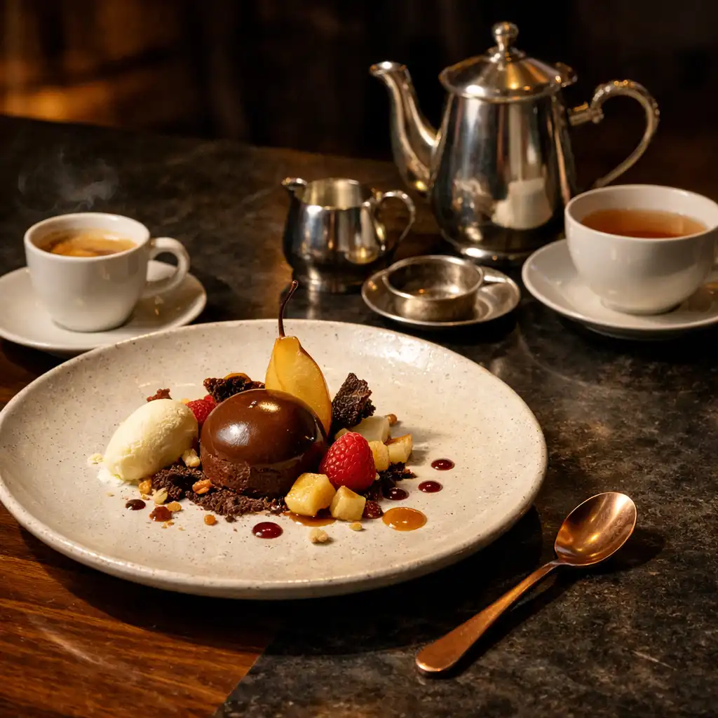 Desszert, espresso és tea részlete sötét kőasztalon
