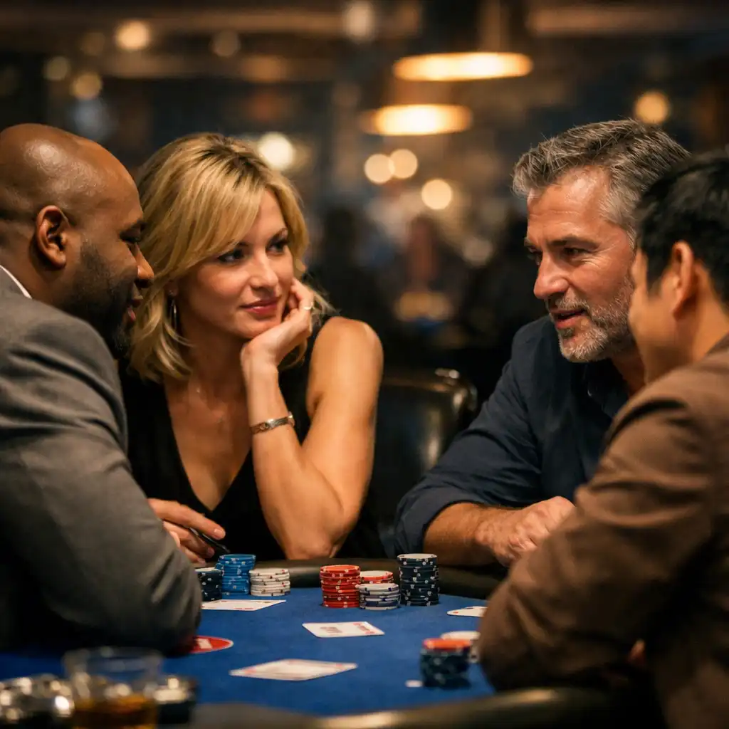 Felnőtt vendégek természetes beszélgetése egy valódi pokerasztal körül