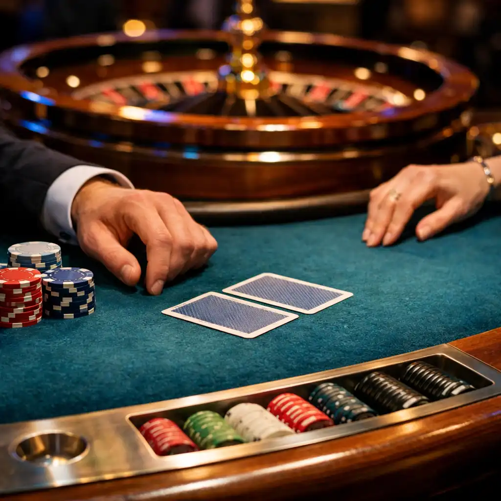 Valódi pokerzsetonok, kártyák és rulettkerék részlete egy budapesti fizikai casino asztalán.