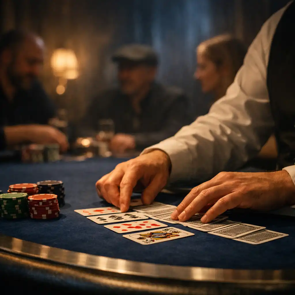 Krupié keze mély sapphire filccel borított pokerasztalnál