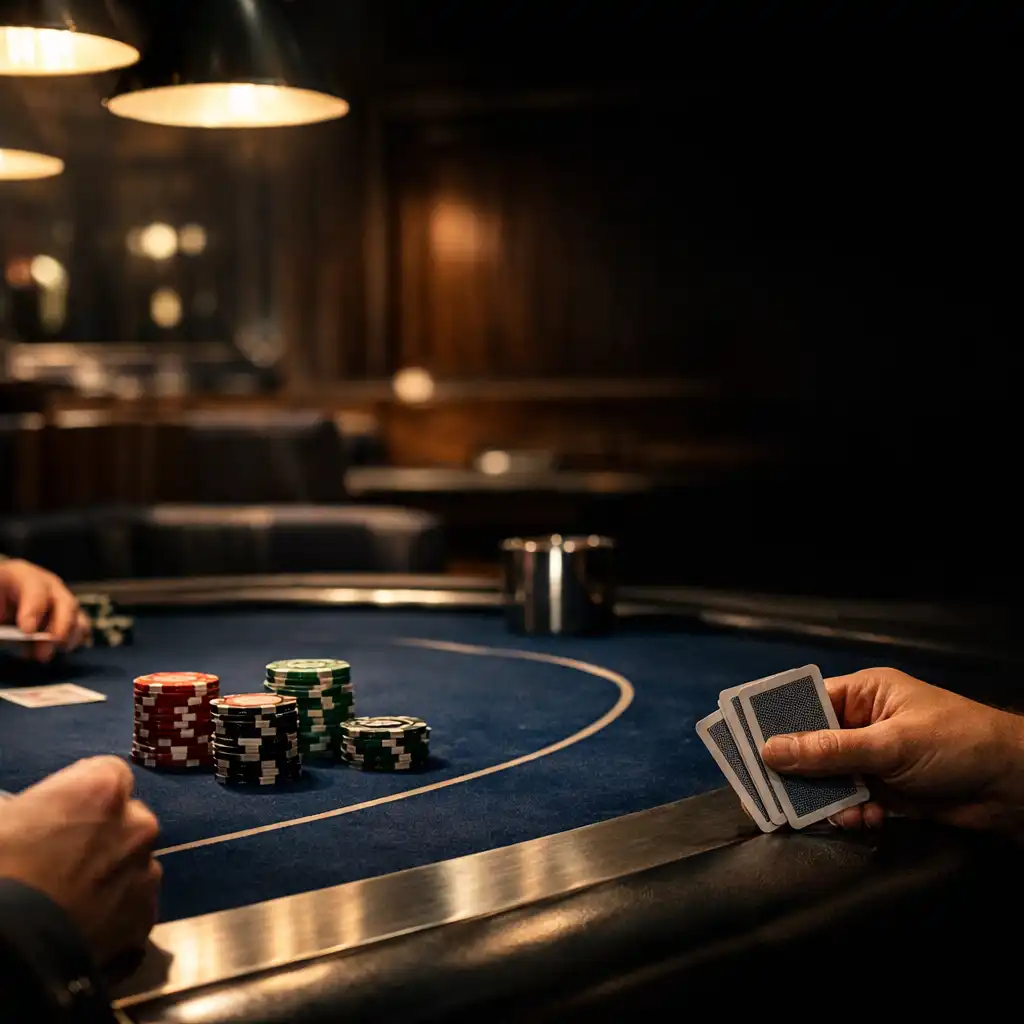 Valódi kártyákat tartó kezek és zsetonok sapphire filccel borított pokerasztalon