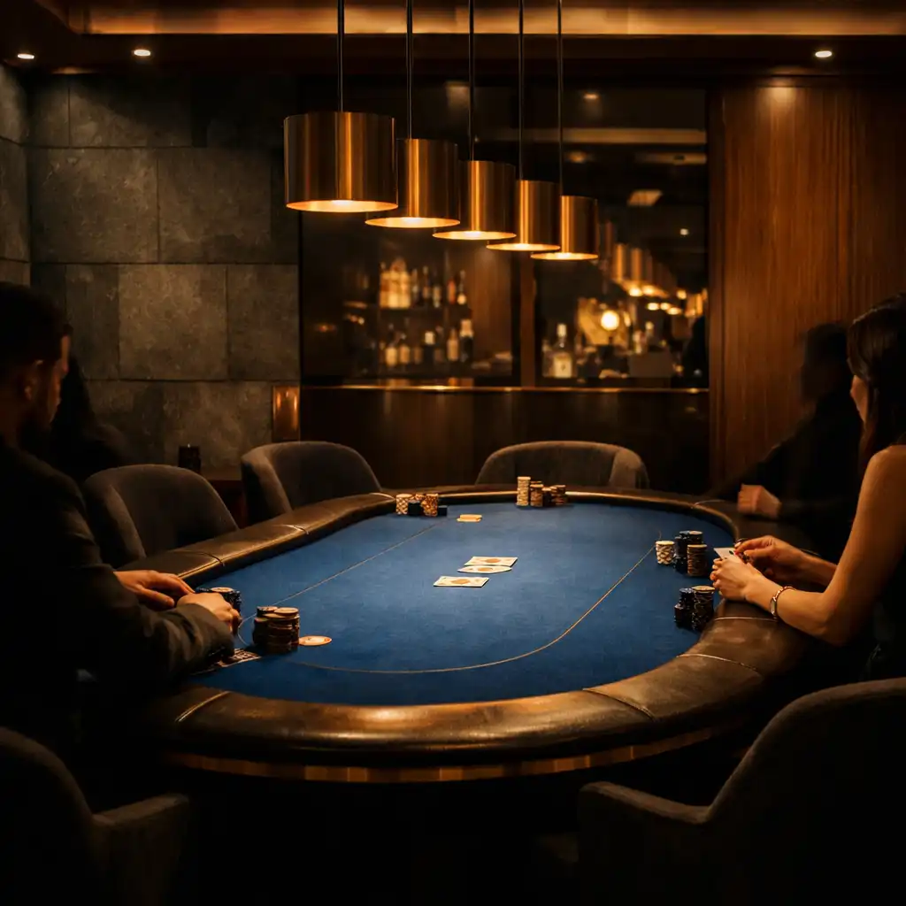 Hosszú sapphire filccel borított pokerasztal meleg felső lámpák alatt