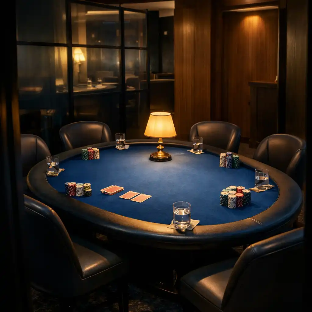Előkészített privát pokerasztal kényelmes székekkel és füstszínű üvegfallal