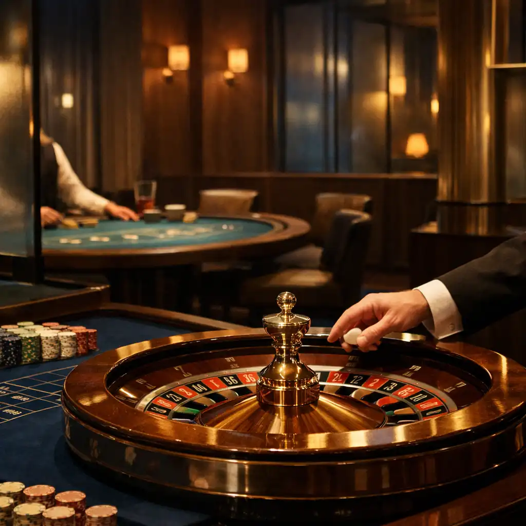 Valódi rulettkerék és blackjack-asztal elegáns, sötét casino belső térben