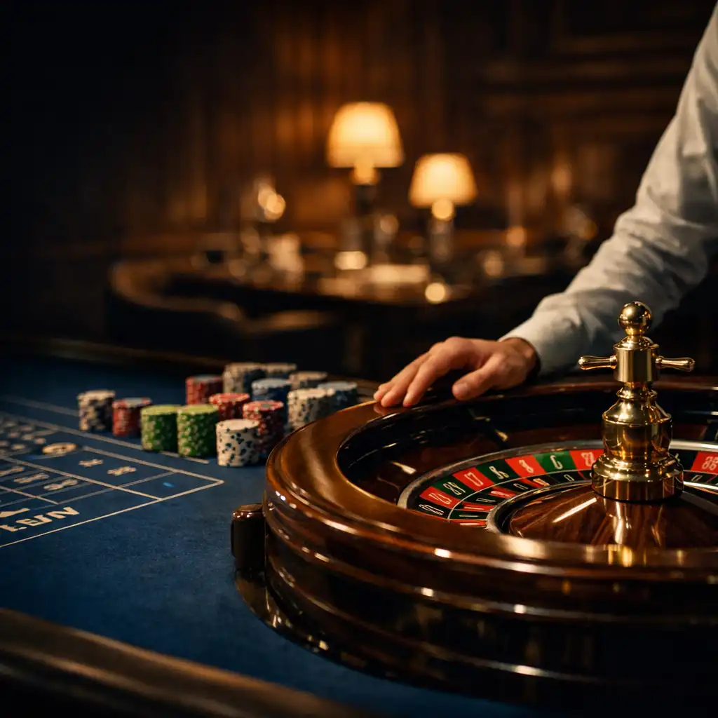 Valódi rulettkerék, rendezett zsetonok és egy krupié keze a BudapestFlavorss esti Casino Floorán.