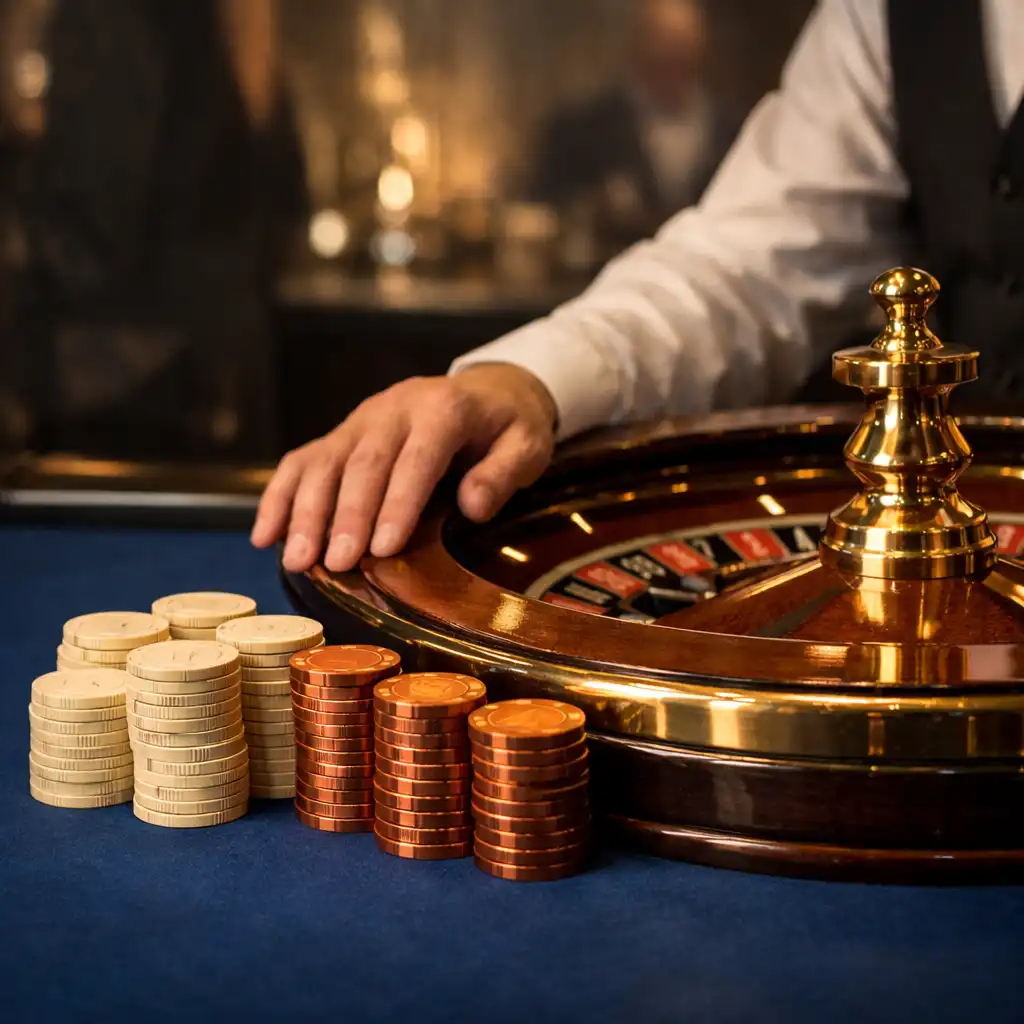 Valódi rulettasztal zsetonokkal és krupié kezével a BudapestFlavorss Casino Flooron.